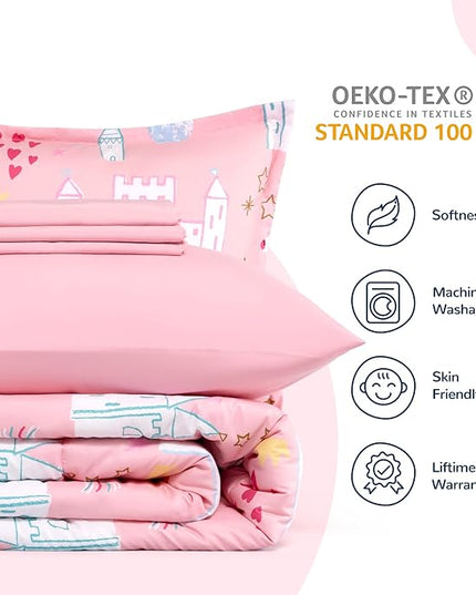 SLEEP ZONE Kids Bedding Comforter Set Full/Queen Size - Super Cute & Soft Kids Bedding 7 Pieces Set with Comforter, Sheet, Pillowcase & Sham (Unicorn Castle) - LeafyLoom