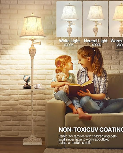 Traditional LED Floor Lamp with 350° Adjustable Swing Arm Lamp – Vintage Standing Pole lamp for Living Room, Bedroom and Office – Rustic Upright Floor Light for Home Décor with Silk Fabric Shade - LeafyLoom