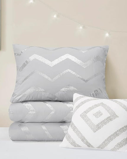 Codi Ziggy Metallic Grey Comforter Set Twin/Twin XL Size, Silver Bedroom Decor for Girls Room, 3 Piece Bedding Sets (2 Matching Sham + 1 Decorative Pillow) - LeafyLoom