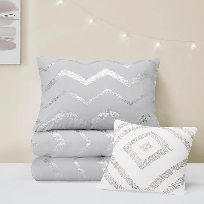 Codi Ziggy Metallic Grey Comforter Set Twin/Twin XL Size, Silver Bedroom Decor for Girls Room, 3 Piece Bedding Sets (2 Matching Sham + 1 Decorative Pillow) - LeafyLoom