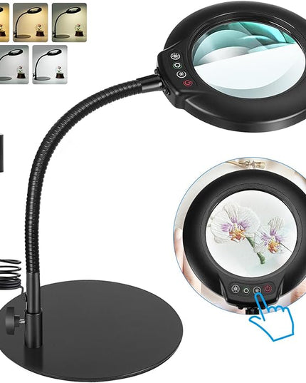 10X Magnifying Glass with Light, Flexible Gooseneck Lighted Magnifier with Stand, 5 Color Modes Stepless Dimmable LED Desk Lamp Hands Free for Crafts Painting Sewing Jewelry Reading Close Work - LeafyLoom