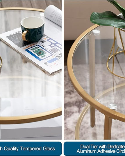 VINGLI 25.6" Round Gold Coffee Tables for Living Room, 2-Tier Glass Top Coffee Table with Storage Clear Coffee , Simple & Modern Center Table for Small Space - LeafyLoom