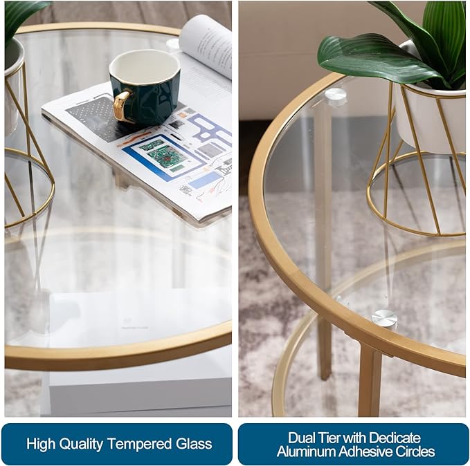 VINGLI 25.6" Round Gold Coffee Tables for Living Room, 2-Tier Glass Top Coffee Table with Storage Clear Coffee , Simple & Modern Center Table for Small Space - LeafyLoom