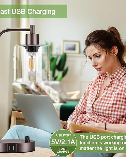 Brown Industrial Table Lamp with 2 USB Charging Ports, Fully Stepless Dimmable Modern Nightstand Lamp, Glass Shade Bedside Desk Lamp for Bedroom Living Room Office, 6W 2700K LED Edison Bulb Included - LeafyLoom