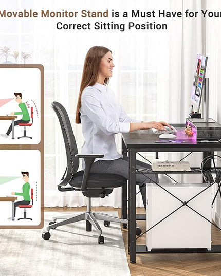 armocity Computer Desk with LED Lights, 48 Inch Reversible Large Desk with Power Outlet and USB, 48'' Gaming PC Table with Moveable Monitor Stand for Home Office, Workstation, Grey and Black - LeafyLoom