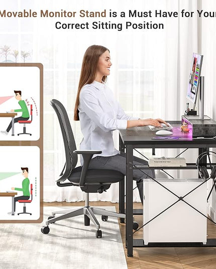 armocity Computer Desk with LED Lights, 55 Inch Desk with Power Outlet and USB, Reversible Large Desk with Moveable Monitor Stand, 55.2'' Gaming PC Table for Home Office, Workstation, Grey and Black - LeafyLoom