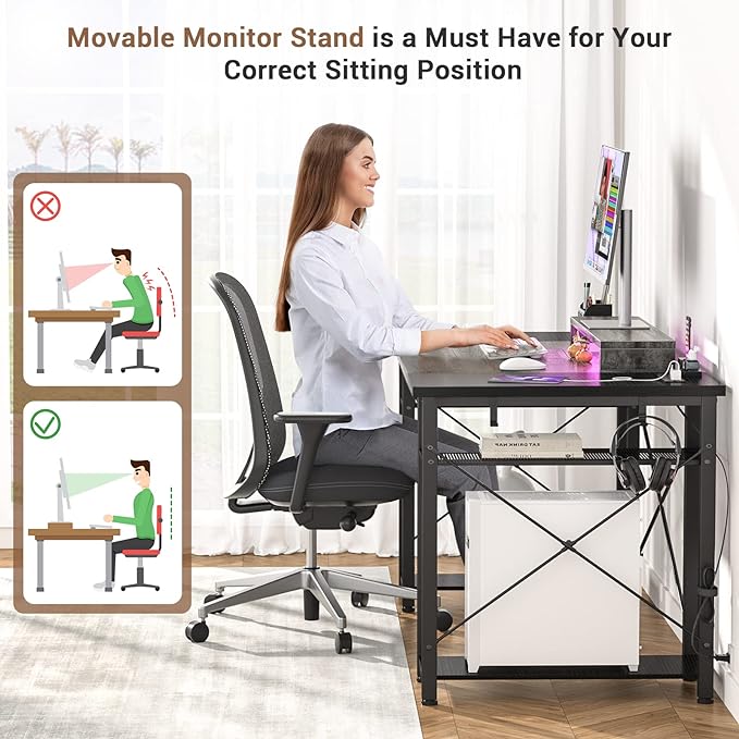 armocity Computer Desk with LED Lights, 55 Inch Desk with Power Outlet and USB, Reversible Large Desk with Moveable Monitor Stand, 55.2'' Gaming PC Table for Home Office, Workstation, Grey and Black - LeafyLoom