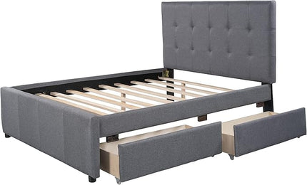 Bellemave Full Size Bed Frame with 2 Storage Drawers,Linen Upholstered Platform Bed Frame with Headboard for Kids,Adults,No Box Spring Needed,Gray - LeafyLoom