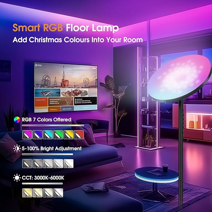 Floor Lamp, 36W/3600LM Bright Floor Lamp with Remote Control, RGB Color Changing Torchiere Floor Lamp, Stepless Adjust Color Temperatures & Brightness for Bedroom and Play Room - LeafyLoom