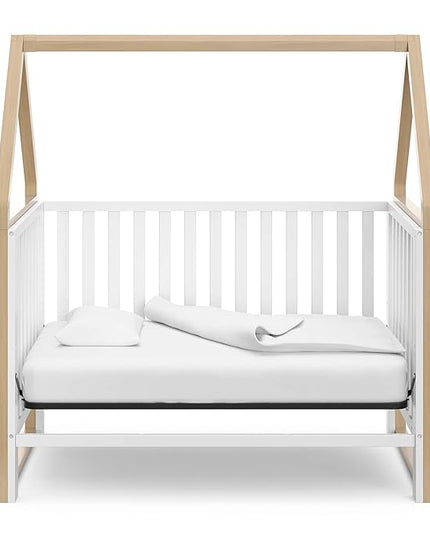 Storkcraft Orchard 5-in-1 Convertible Crib (White with Driftwood) – GREENGUARD Gold Certified, Canopy Style Baby Crib, Converts from Crib to Toddler Bed, Daybed and Full-Size Bed - LeafyLoom