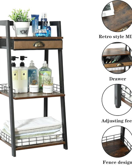 keomaisyto 3-Tier Bathroom Ladder Shelf, Bathroom Floor Storage Shelf with Drawer, Freestanding Tower Shelf, Open Shelving Unit for Bathroom Living Room Balcony - LeafyLoom