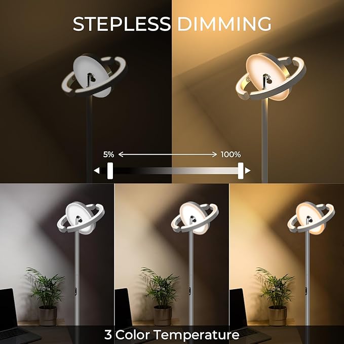 FIMEI Floor Lamp for Living Room, Saturn Ring Original Design, LED Bright Rotatable Modern Floor Lamp, Stepless Dimming and 3 Color Temperatures, Touch/Remote Control, for Bedroom Office, Gray - LeafyLoom