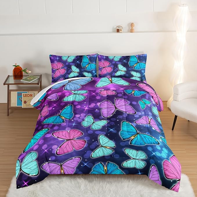 HOSIMA Butterfly Comforter Set with 2 Pillowcases,Glitter Purple Blue Butterfly Printed Bedding Set Full Size Bed in a Bag Set,Starry Sky Galaxy Comforter Butterfly Room Decor Aesthetics. - LeafyLoom