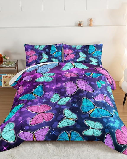 HOSIMA Butterfly Comforter Set with 2 Pillowcases,Glitter Purple Blue Butterfly Printed Bedding Queen Comforter Set for Adults Kids,Starry Sky Galaxy Comforter Butterfly Room Decor Aesthetics. - LeafyLoom