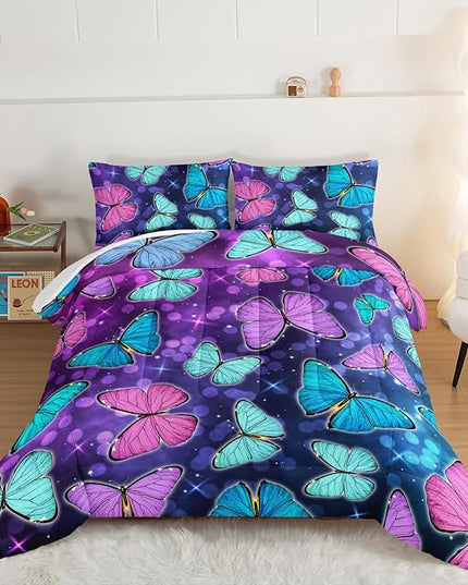 HOSIMA Butterfly Comforter Set with 2 Pillowcases,Glitter Purple Blue Butterfly Printed Bedding King Size Comforter Set for Adults Kids,Starry Sky Galaxy Comforter Butterfly Room Decor Aesthetics. - LeafyLoom