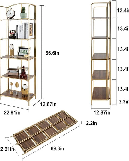 No Assembly Folding Bookshelf, 5 Tier Gold Bookshelf, Metal Book Shelf for Storage, Folding Bookcase for Office Organization and Storage, 12.87" D x 22.91" W x 68.1" H - LeafyLoom