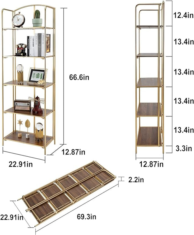 No Assembly Folding Bookshelf, 5 Tier Gold Bookshelf, Metal Book Shelf for Storage, Folding Bookcase for Office Organization and Storage, 12.87" D x 22.91" W x 68.1" H - LeafyLoom