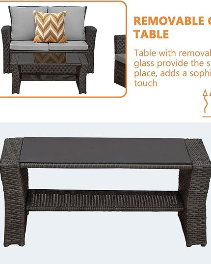4 Piece Patio Furniture Sets, All-Weather Wicker Conversation Sets, Outdoor Rattan Sectional Sofa Chair with Cushions and Coffee Table for balcony, garden, backyard, Grey - LeafyLoom