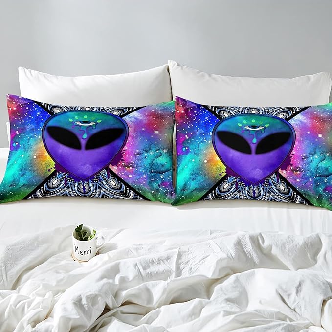Erosebridal Trippy Alien Comforter Set Twin, Boho Tie Dye Bedding Sets for Kids Teens Adult Galaxy Outer Space Down Comforter Psychedelic Hippie Skull Duvet Sets 2 Pieces with 1 Pillow Case - LeafyLoom