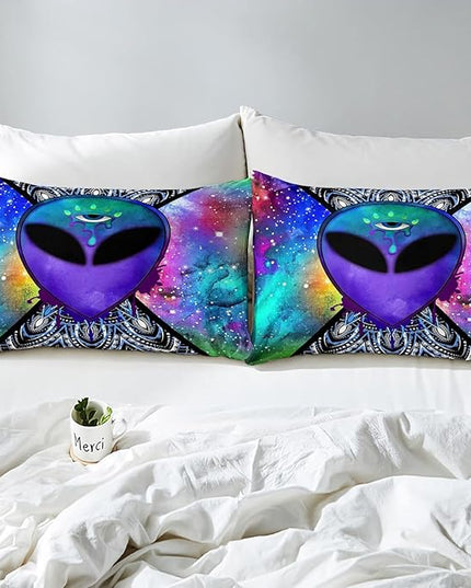 Trippy Alien Comforter Set Full Galaxy Hippie Bedding Set for Kids Boys Teens Trippy Room Decor, Outer Space Solar System Duvet Sets Boho Psychedelic Tie Dye Down Comforter with 2 Pillow Cases - LeafyLoom