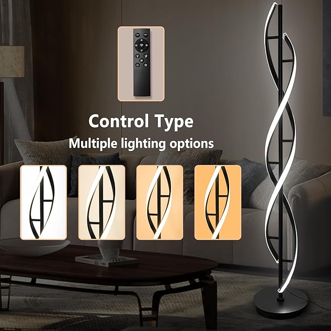 Spiral Floor Lamp 53 inch, with Remote Control Three Color Dimmable Standing Lamps, Modern Creative Pole Lamp, 36W Floor Lamps for Living Room, Bedroom, Office, Study Light（Black） - LeafyLoom
