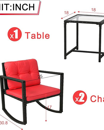 FDW 3 Piece Wicker Patio Furniture Sets Rocking Chair Outdoor Bistro Set Patio Set Rattan Chair Conversation Set with Porch Chairs and Coffee Table,Red - LeafyLoom