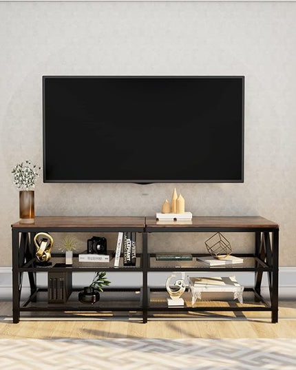 TV Stand for TV up to 65 Inch, Long 55" TV Cabinet with 3-Tier Storage Shelves,Entertainment Center TV Console Table for Living Room with Industrial TV Metal Frame, Rustic Brown - LeafyLoom