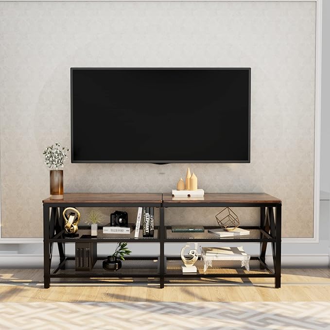 TV Stand for TV up to 65 Inch, Long 55" TV Cabinet with 3-Tier Storage Shelves,Entertainment Center TV Console Table for Living Room with Industrial TV Metal Frame, Rustic Brown - LeafyLoom