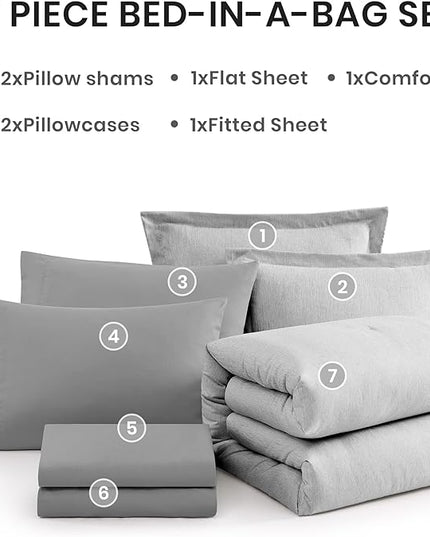 Monbix King Size Comforter Set, Grey King Size Bed Set Reversible, King Size Comforter Set 7 Pieces, Cationic Dyeing Bed in a Bag with Comforter, Sheets, Pillowcases & Shams - LeafyLoom