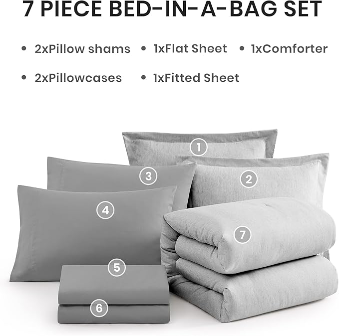 Monbix Queen Size Comforter Set, Grey Bedding Comforter for Queen Size Bed Set Reversible, Queen Comforter Set 7 Pieces, Cationic Dyeing Bed in a Bag with Comforter, Sheets, Pillowcases & Shams - LeafyLoom