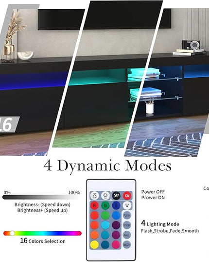 Merax LED TV Stand for 80" TVs with Multi-Functional Storage, Modern Television Cabinet Table Media Console with Drawer and Led Lights, High Glossy Entertainment Center for Living Room Bedroom, Black - LeafyLoom