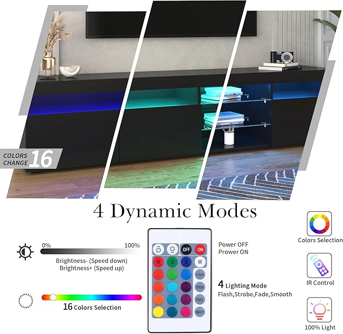 Merax LED TV Stand for 80" TVs with Multi-Functional Storage, Modern Television Cabinet Table Media Console with Drawer and Led Lights, High Glossy Entertainment Center for Living Room Bedroom, Black - LeafyLoom
