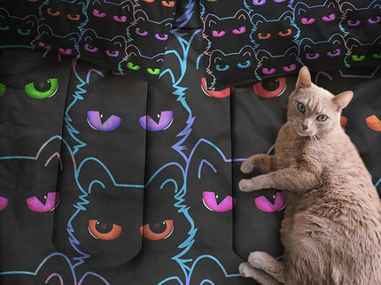 Sunnycitron Cartoon Cat Bedding Full size Black Cat Comforter Gradient Line Bedding set 3D Neon Cat Comforter Cute Cat Bed Set Black Cat Quilt set for Teens Kids Boys Girls Adults - LeafyLoom
