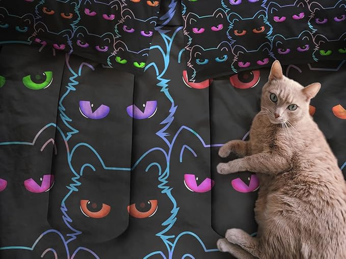 Sunnycitron Cartoon Cat Bedding Cute Cat Comforter Twin Black Cat Comforter set Gradient Line Cat Quilt 3D Neon Cat Bed set Black Cat Bedding set for Teens Kids Boys Girls Adults - LeafyLoom