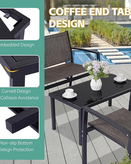 4 Pieces Patio Furniture Set Outdoor Garden Patio Conversation Sets Poolside Lawn Chairs with Tempered Glass Coffee Table Loveseat Porch Furniture Textilene Fabric Brown - LeafyLoom