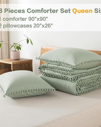 Litanika Queen Size Comforter Set Sage Green,3 Pieces Sage Green Boho Pom Pom Lightweight Bed Comforter, All Season Soft Solid Color Bedding Comforter Sets (1 Comforter 90x90 Inch, 2 Pillowcases) - LeafyLoom