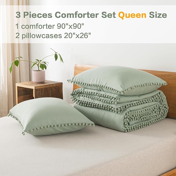 Litanika Queen Size Comforter Set Sage Green,3 Pieces Sage Green Boho Pom Pom Lightweight Bed Comforter, All Season Soft Solid Color Bedding Comforter Sets (1 Comforter 90x90 Inch, 2 Pillowcases) - LeafyLoom