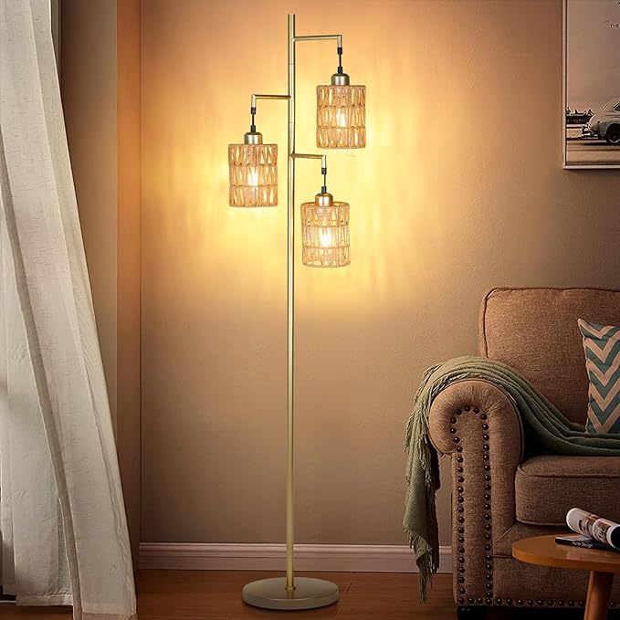 Farmhouse Floor Lamp, Industrial Style Tall Lamps, Boho Tree Standing Tall Lamp with Sturdy Modern Vintage Design for Living Room Bedroom Office Dining Room(Glod) - LeafyLoom