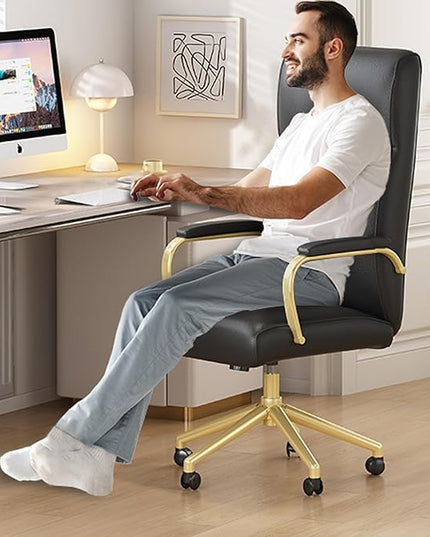 Black and Gold Office Chair, High Back Office Chair for Women, Modern Desk Chair Comfy with Arms, Leather Executive Office Chair with Wheels - LeafyLoom