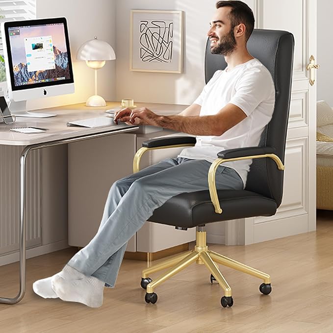 Black and Gold Office Chair, High Back Office Chair for Women, Modern Desk Chair Comfy with Arms, Leather Executive Office Chair with Wheels - LeafyLoom