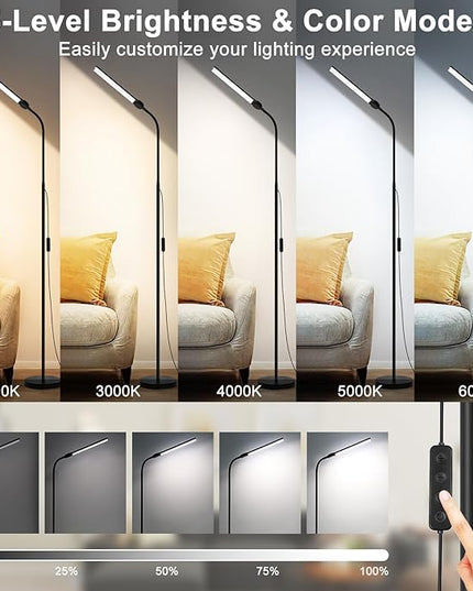 LED Floor Lamp, 15W/1800LM Bright Reading Floor Lamp for Office with Double Head, Adjustable Gooseneck Dimmable Modern Standing Light for Lash Extension Craft, Eye Caring Floor Lamps for Living Room - LeafyLoom