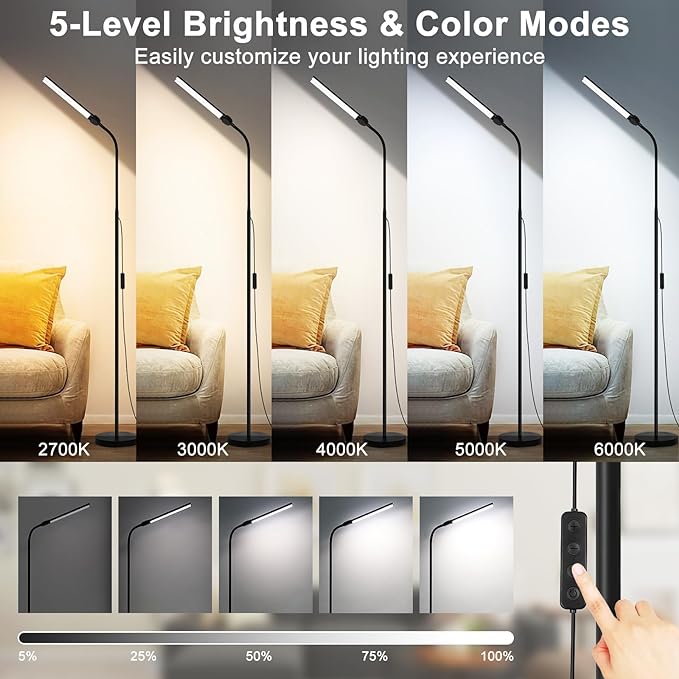LED Floor Lamp, 15W/1800LM Bright Reading Floor Lamp for Office with Double Head, Adjustable Gooseneck Dimmable Modern Standing Light for Lash Extension Craft, Eye Caring Floor Lamps for Living Room - LeafyLoom