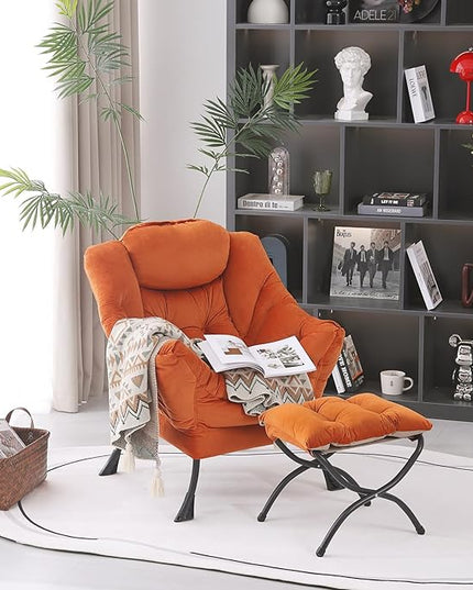 Lazy Chair with Ottoman, Modern Accent Chair Contemporary Lounge Leisure Upholstered Sofa Chair Set with Armrests, Reading Chair for Living Room, Bedroom, Office, Orange - LeafyLoom