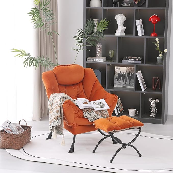 Lazy Chair with Ottoman, Modern Accent Chair Contemporary Lounge Leisure Upholstered Sofa Chair Set with Armrests, Reading Chair for Living Room, Bedroom, Office, Orange - LeafyLoom