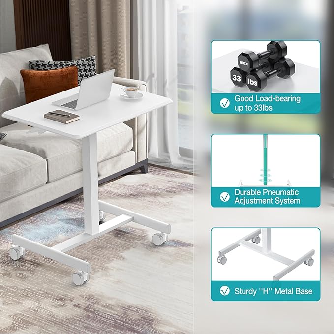 edx Small Mobile Rolling Standing Desk - Overbed Table, Teacher Podium with Wheels, Adjustable Height Table, Rolling Desk Laptop Computer Cart for Home, Office, Classroom, White - LeafyLoom
