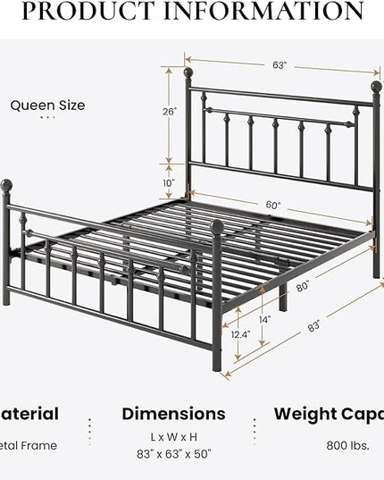 SHA CERLIN 14'' Queen Size Metal Platform Bed Frame/Victorian Headboard and Footboard/Steel Slats Mattress Foundation for Storage/No Box Spring Needed/Noise Free/Black - LeafyLoom