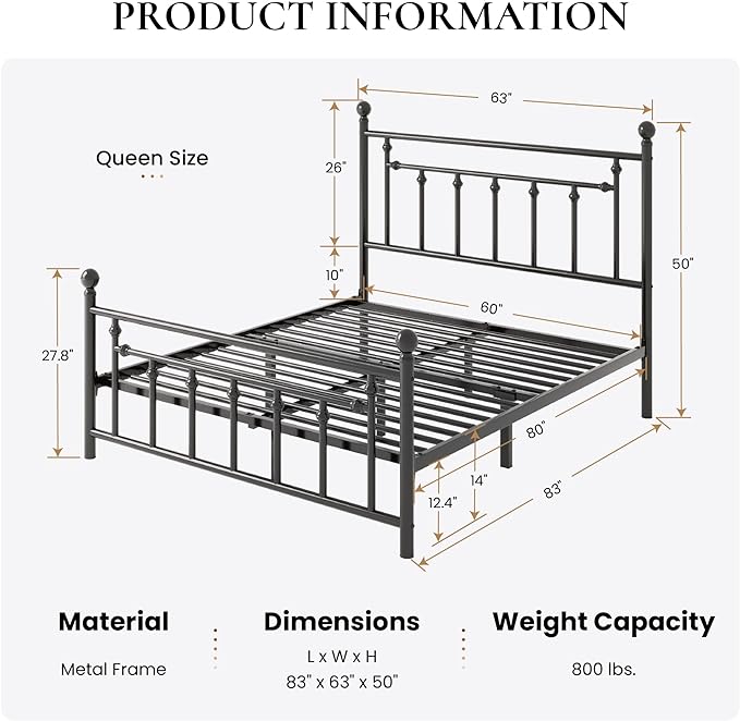 SHA CERLIN 14'' Queen Size Metal Platform Bed Frame/Victorian Headboard and Footboard/Steel Slats Mattress Foundation for Storage/No Box Spring Needed/Noise Free/Black - LeafyLoom