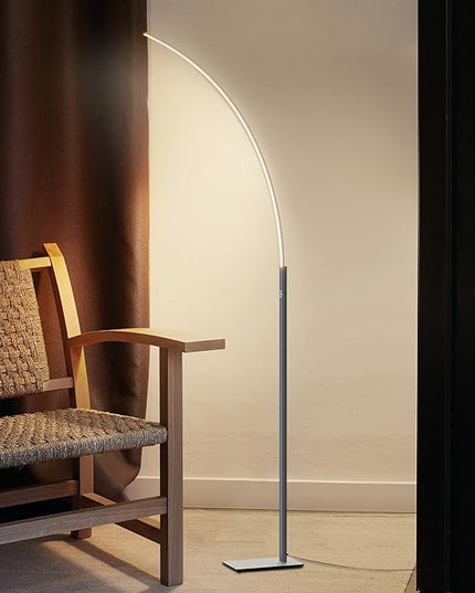 TACAHE Arc Corner Floor Lamp - 3000K Warm White & 3 Brightness Presets - Curved LED Accent Lamp with Touch Switch - 63" Modern Standing Lamp for Bedroom, Living Room - 12W - Silver - LeafyLoom