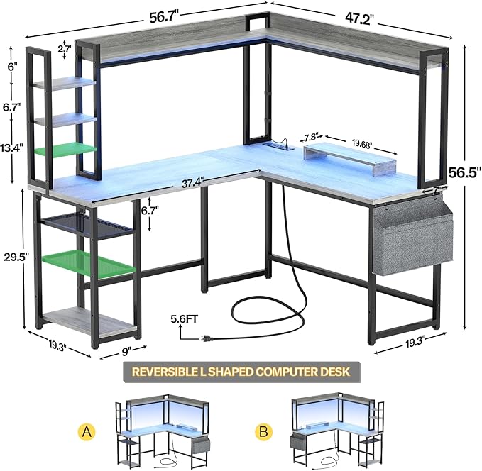 Aheaplus L Shaped Desk with Power Outlet, L Shaped Gaming Desk with Led Light & Hutch, Reversible Home Office Desk, Corner Computer Desk Writing Desk with Monitor Stand & Storage Shelves, White Oak - LeafyLoom
