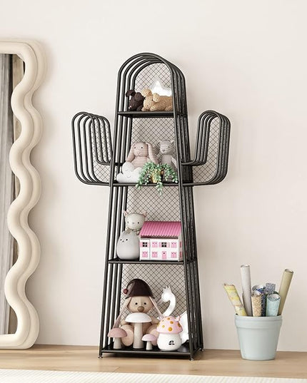 DOORXIF 4-Tier Industrial Bookshelf Freestanding, Cactus Bookcase Storage Organizer Closet Corner Metal Display Cabinet, Corner Black Bookshelf for Small Spaces, Industrial Bookcase for Bedroom Office - LeafyLoom